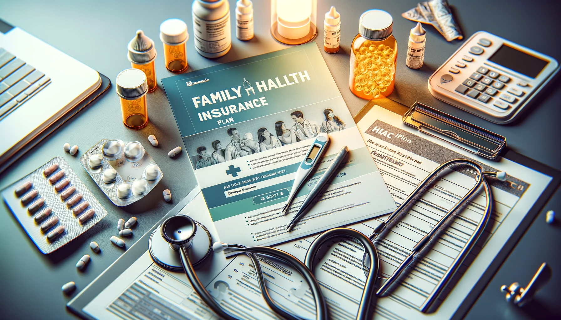 a foreign family health insurance plan brochure spread out on a table, surrounded by medical items like a stethoscope, prescription bottles, and a digital thermometer.