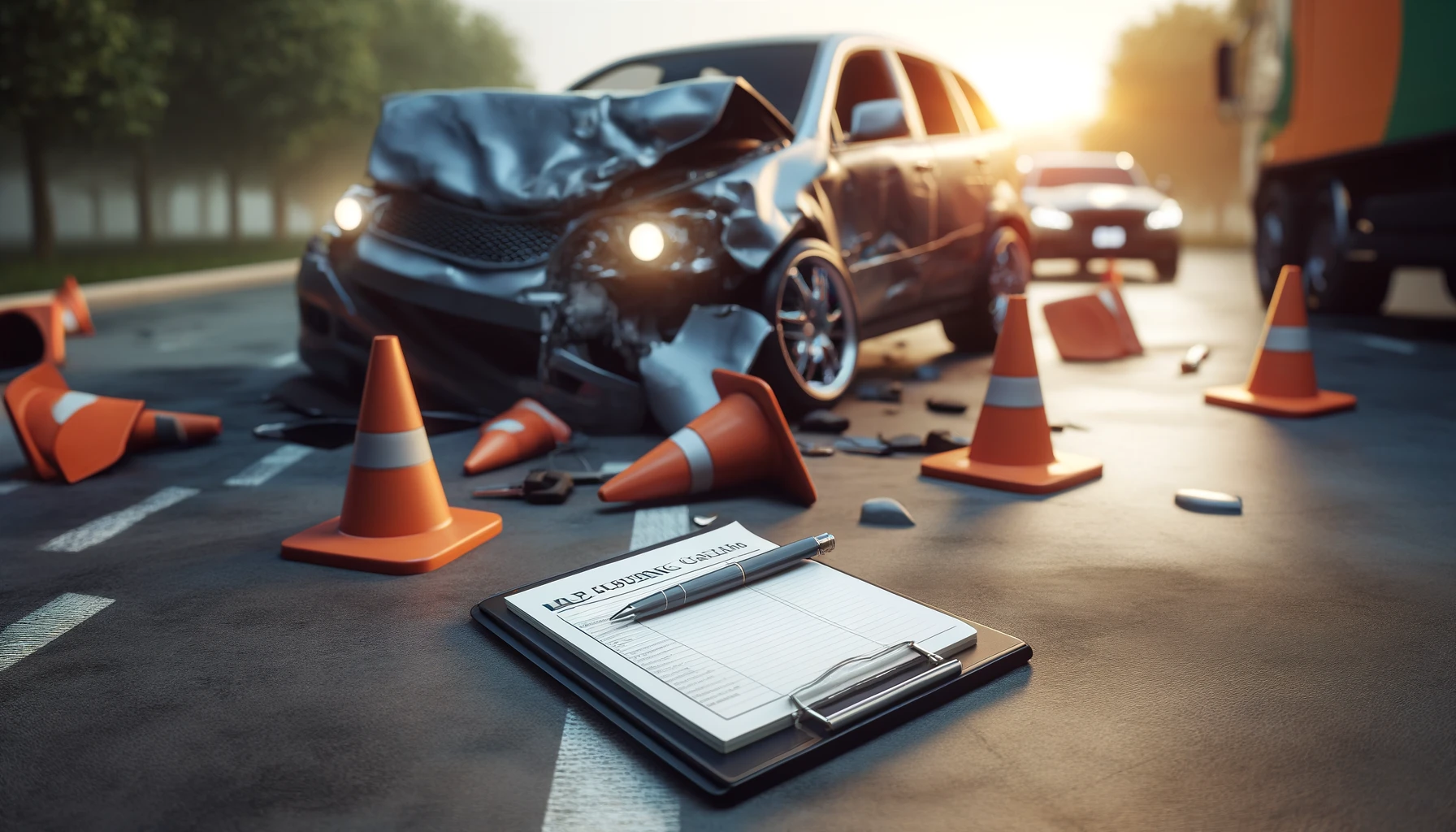 a car accident scene showing visible damage to a vehicle, with safety cones around and a notepad visible on the car hood, suggesting the gathering of information for an insurance claim.