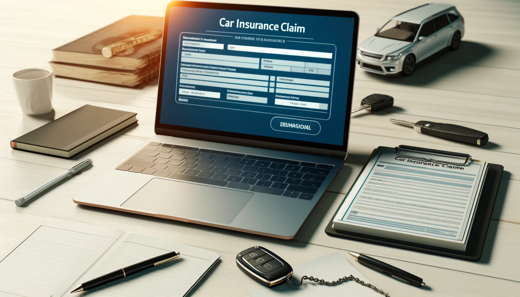 an organized desk with an open laptop showing a car insurance claim form on the screen, surrounded by a notepad, pen, toy car and a car key.