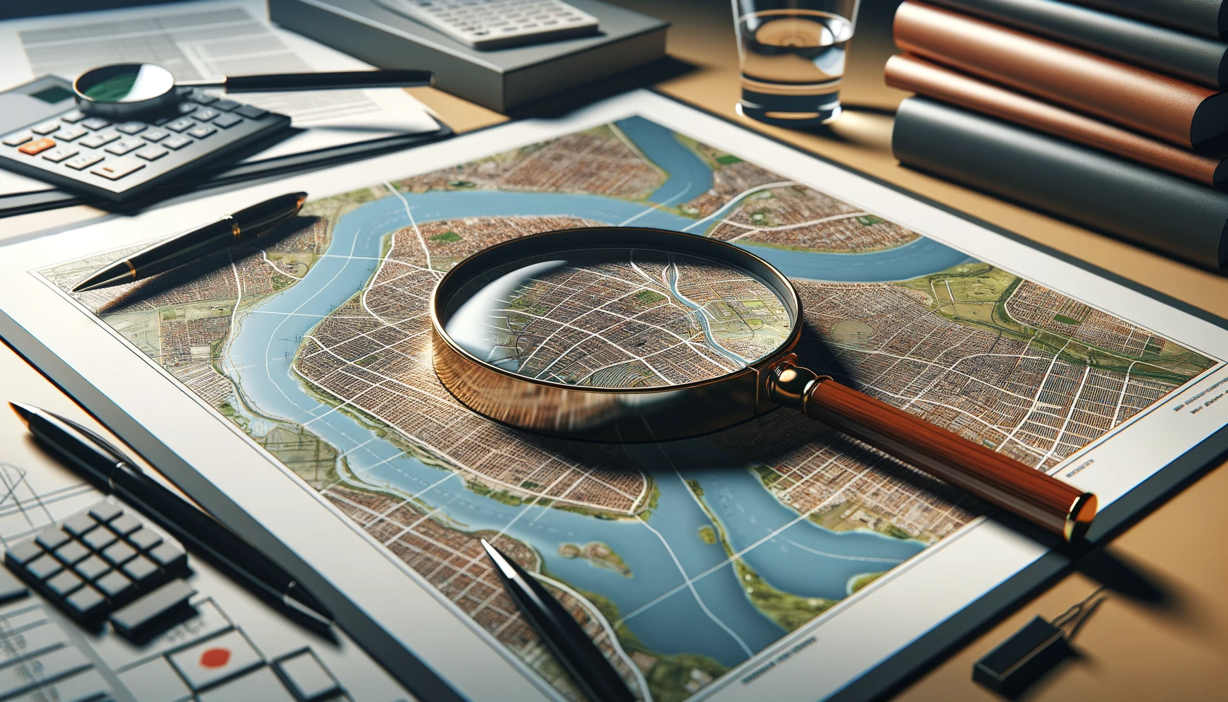 a detailed flood zone map spread out on a table with a magnifying glass focusing on a specific area.