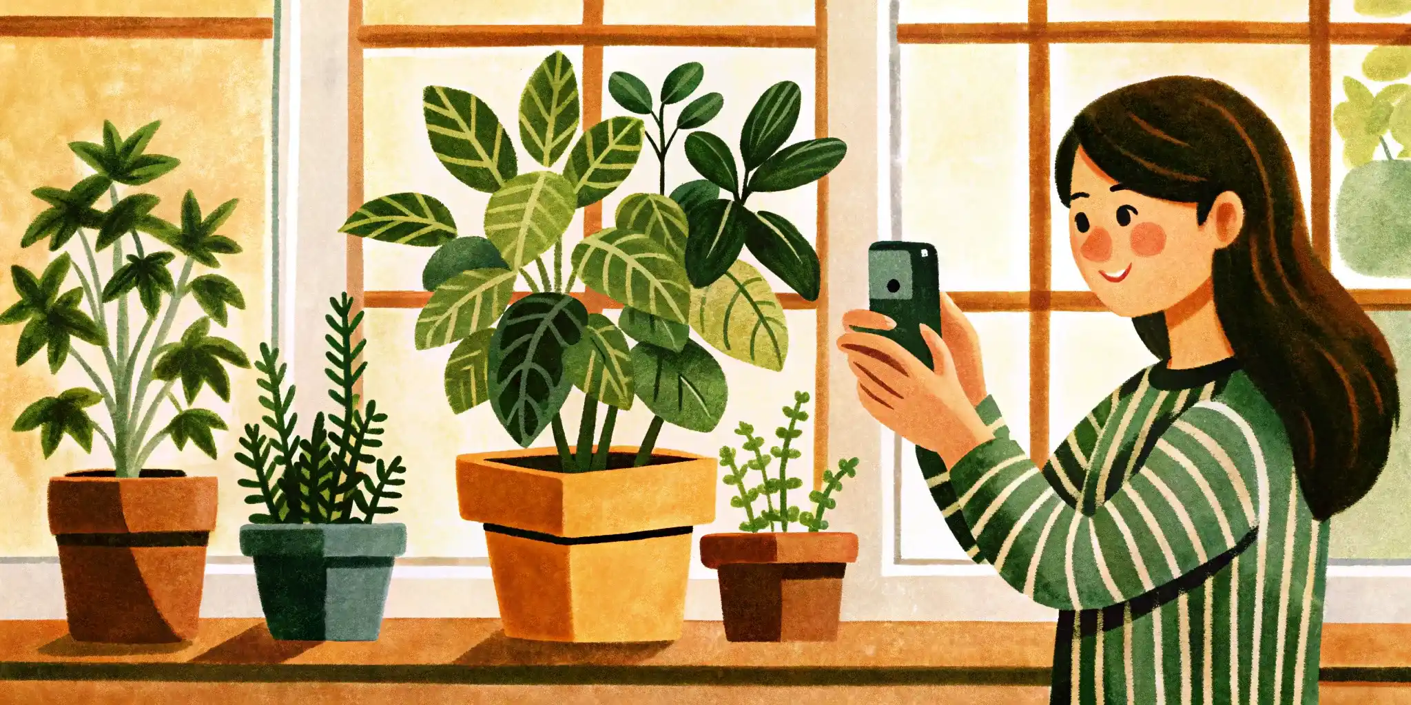a woman takes pictures of a plant in a pot on the windowsill with her phone