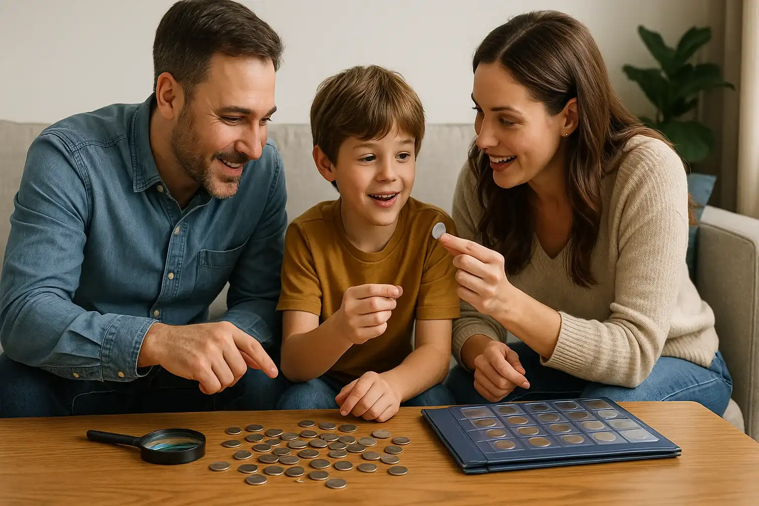 A family of three gathers on the couch, enthusiastically discussing coin collection laid out on the coffee table alongside a coin album and magnifying glass.