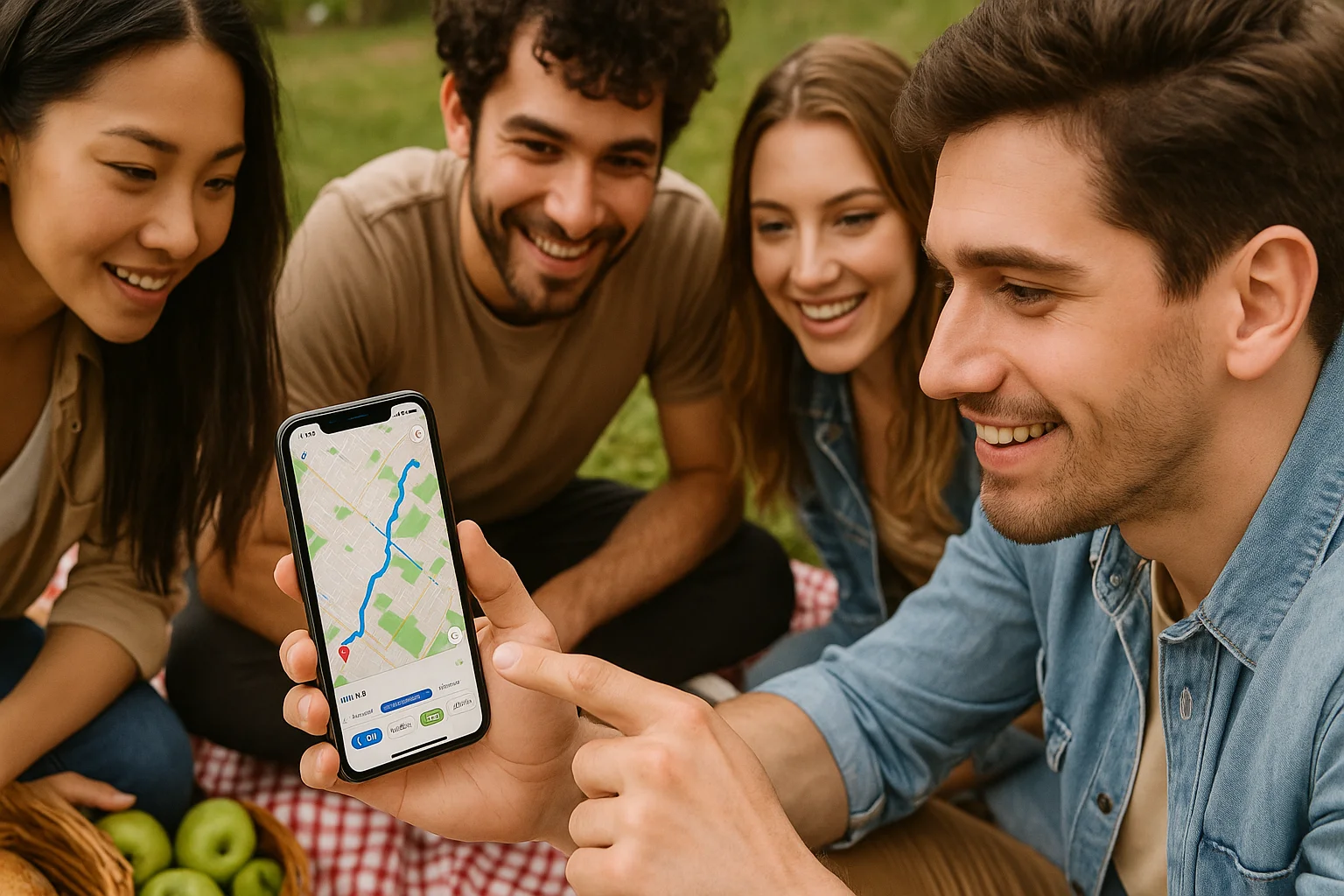 A group of friends at a picnic gathers around a phone as one person shows a shared route in Google Maps, planning their next stop together.