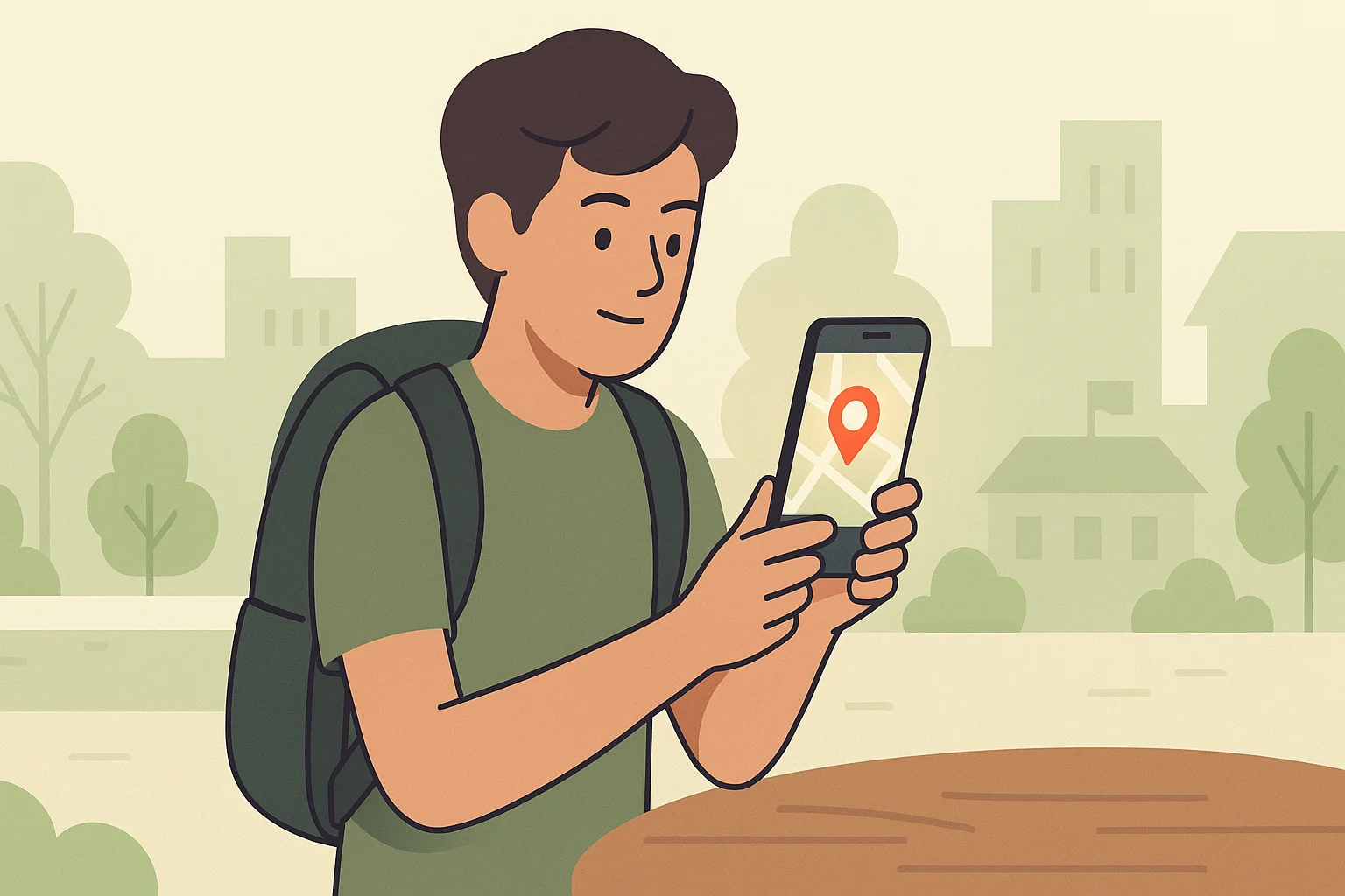A traveler looks at the location point on the digital map.