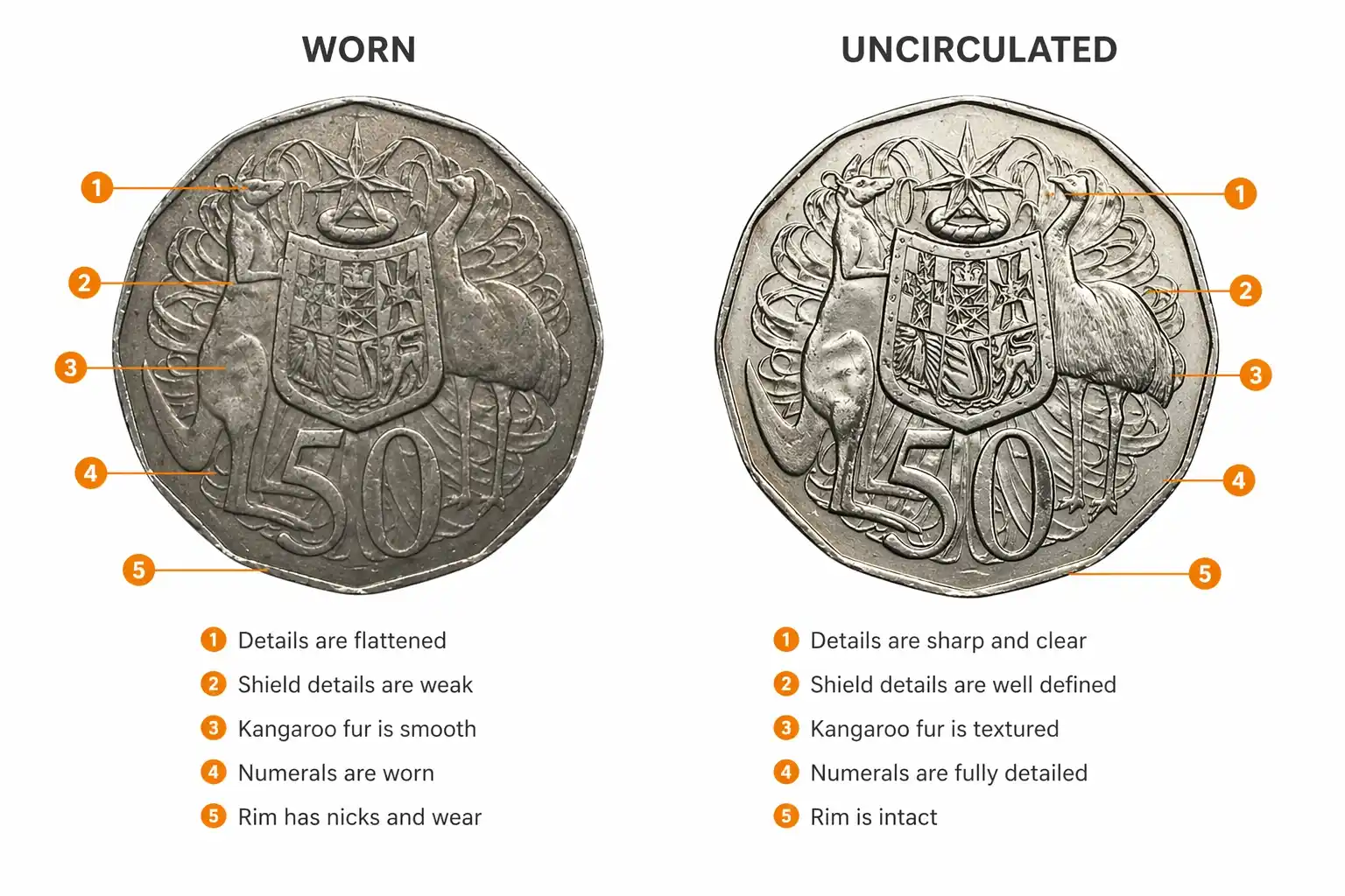 Detailed macro of a worn versus uncirculated 50 cent coin